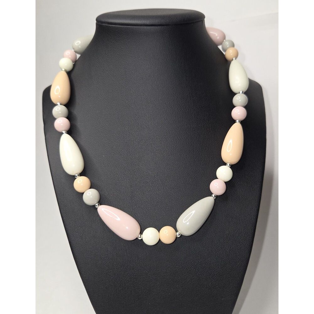 Pastel Pink Peach Grey White Beaded Necklace Vintage